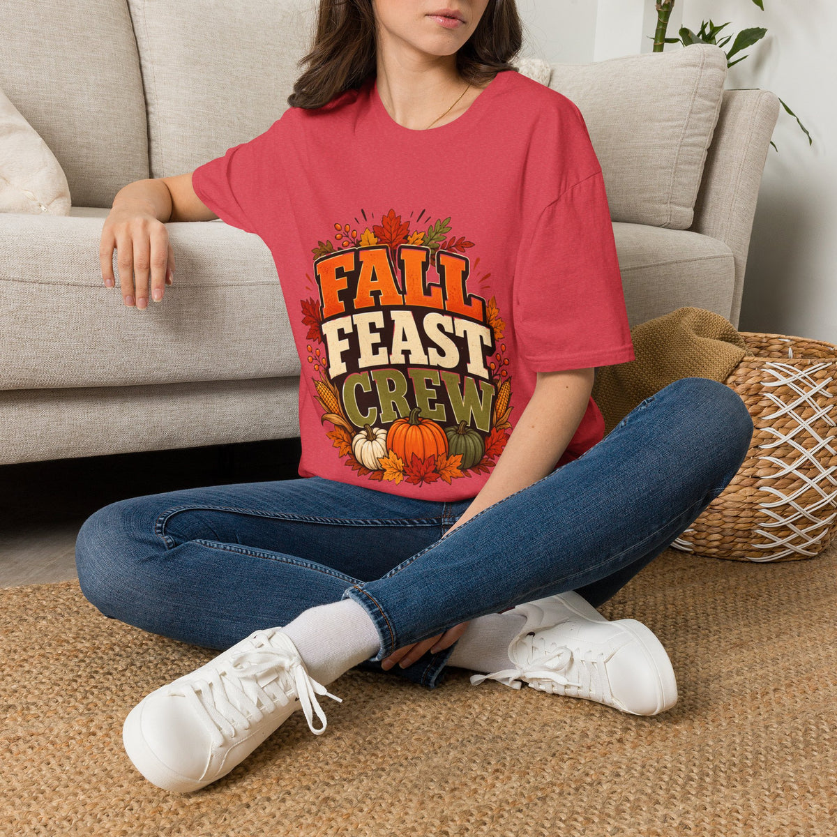 Thanksgiving T-Shirt Fall Feast Crew T-Shirt — Thanksgiving Pumpkin & Leaves Graphic Tee