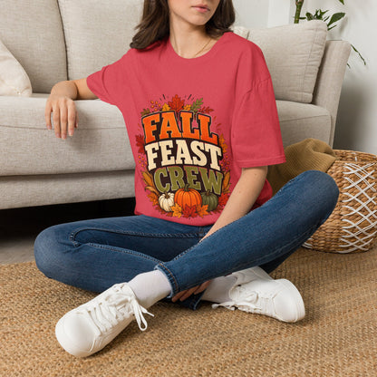 Fall Feast Crew T-Shirt — Thanksgiving Pumpkin & Leaves Graphic Tee