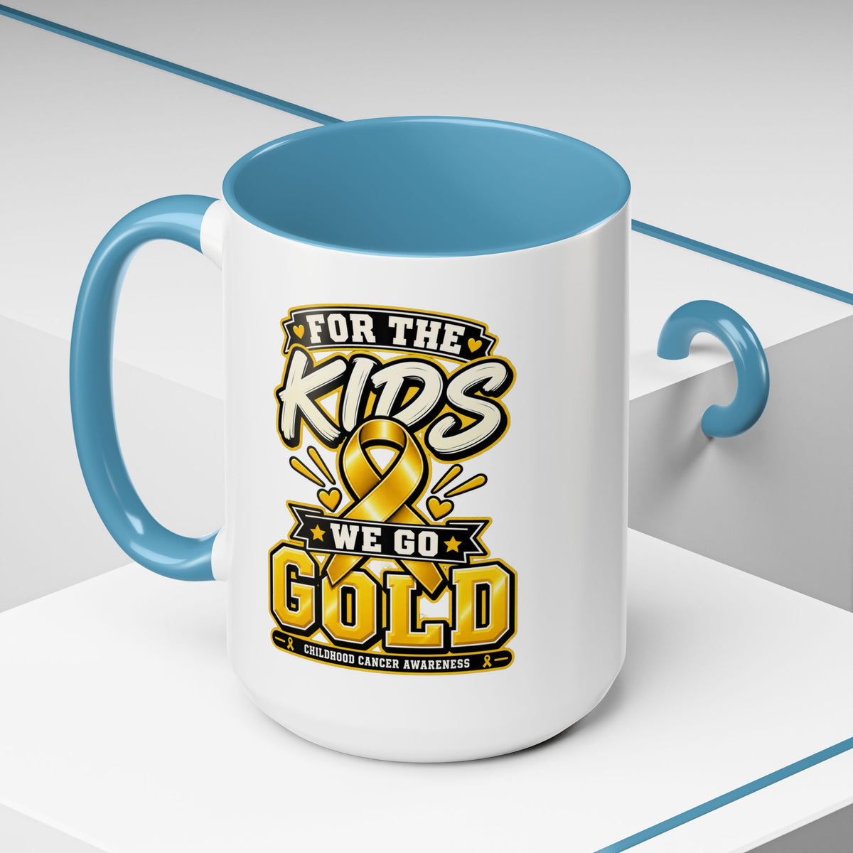 For The Kids We Go Gold Accent Coffee Mug — Childhood Cancer Awareness 11/15oz