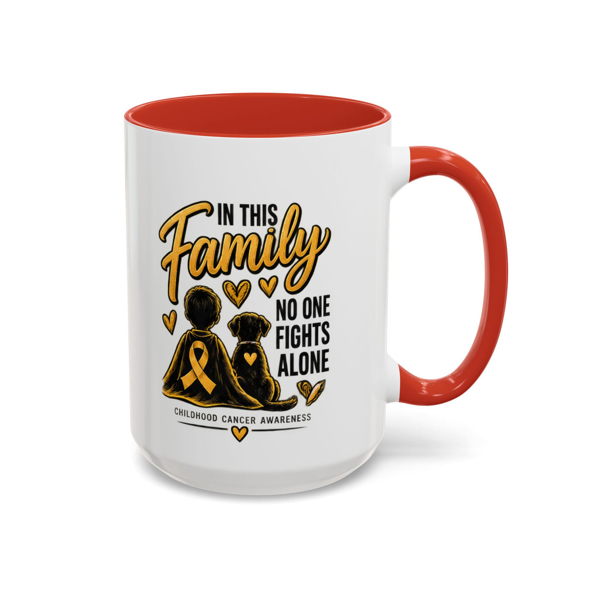 Childhood Cancer Awareness Coffee Mug — "In This Family No One Fights Alone"