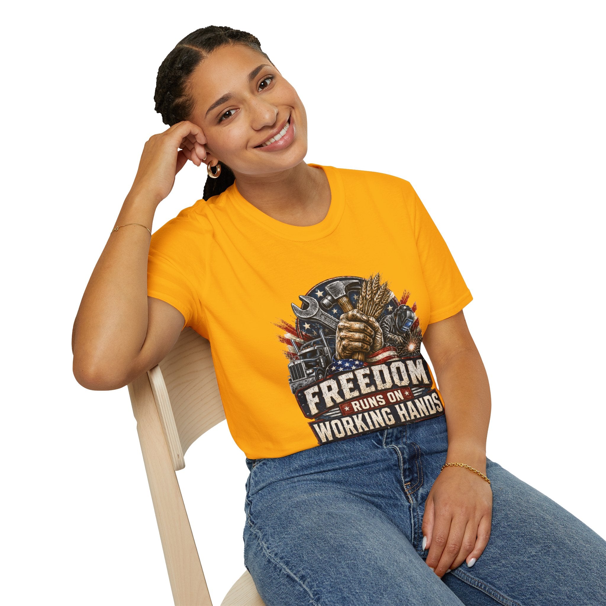 Freedom Runs on Working Hands T-Shirt — Patriotic Mechanic Tool & Wheat Design