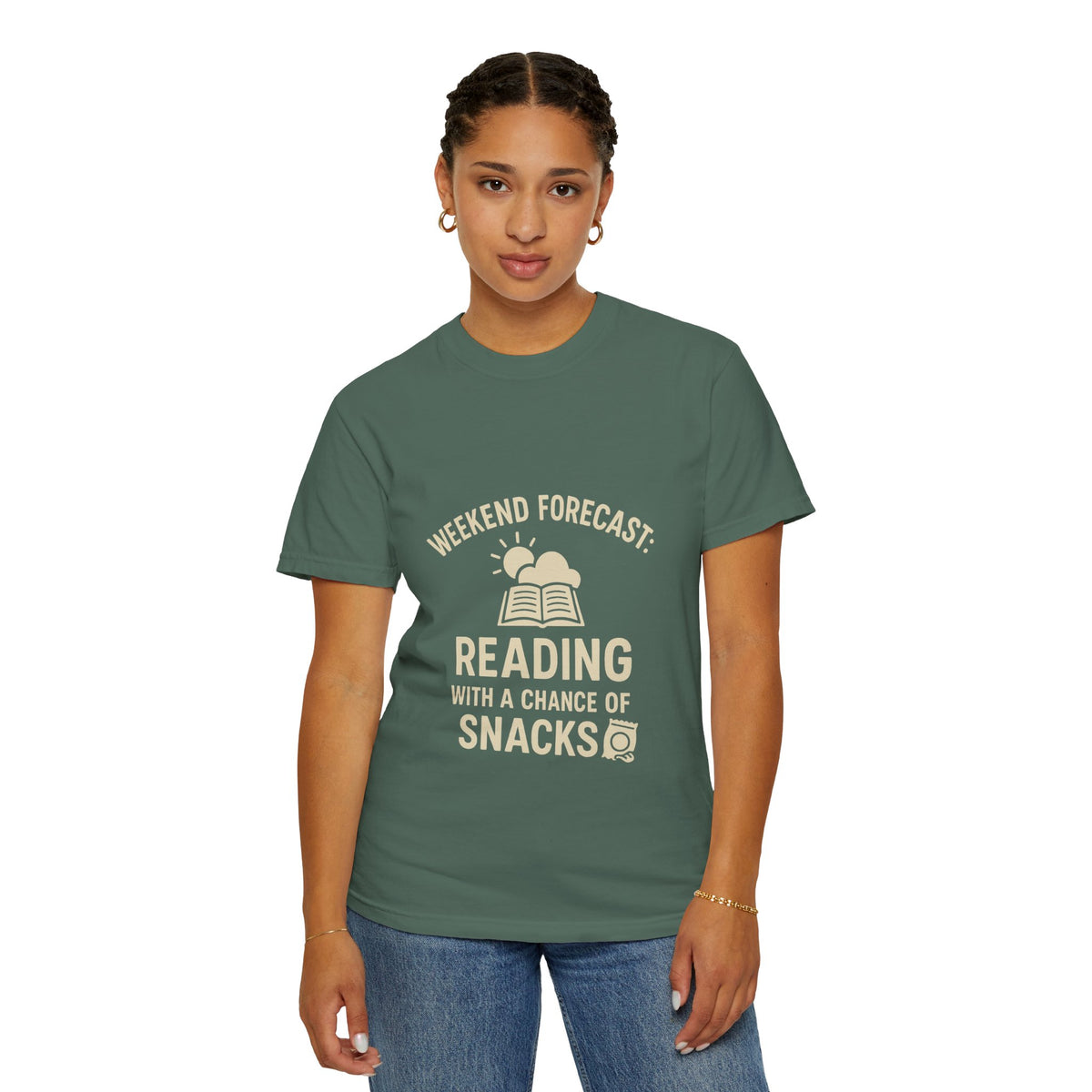Reading & Snacks T-Shirt — "Weekend Forecast: Reading with a Chance of Snacks" - Trending Now - October 2026