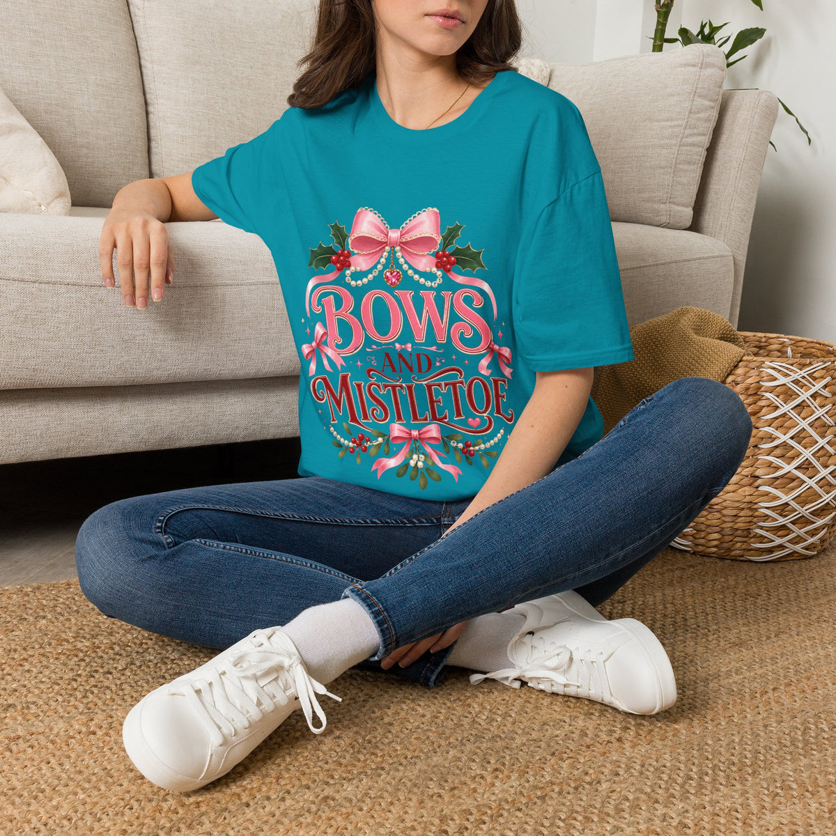 Bows and Mistletoe T-Shirt — Pink Holiday Bow Christmas Tee