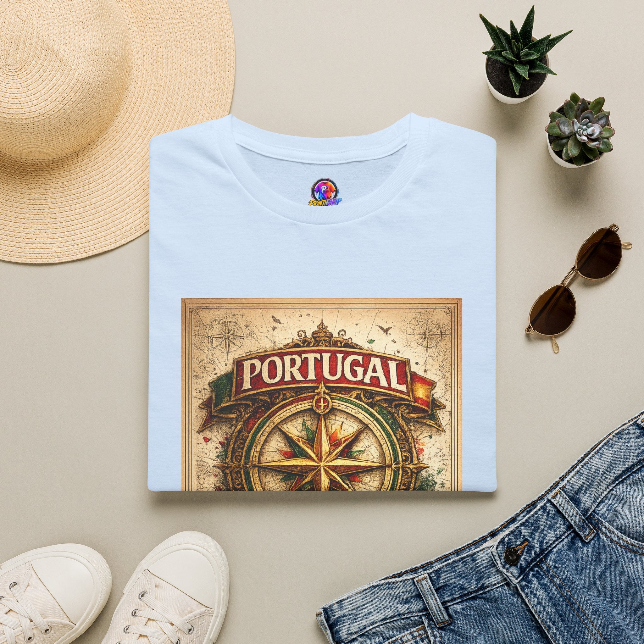 Portugal Compass T‑Shirt — Vintage Nautical Travel Tee