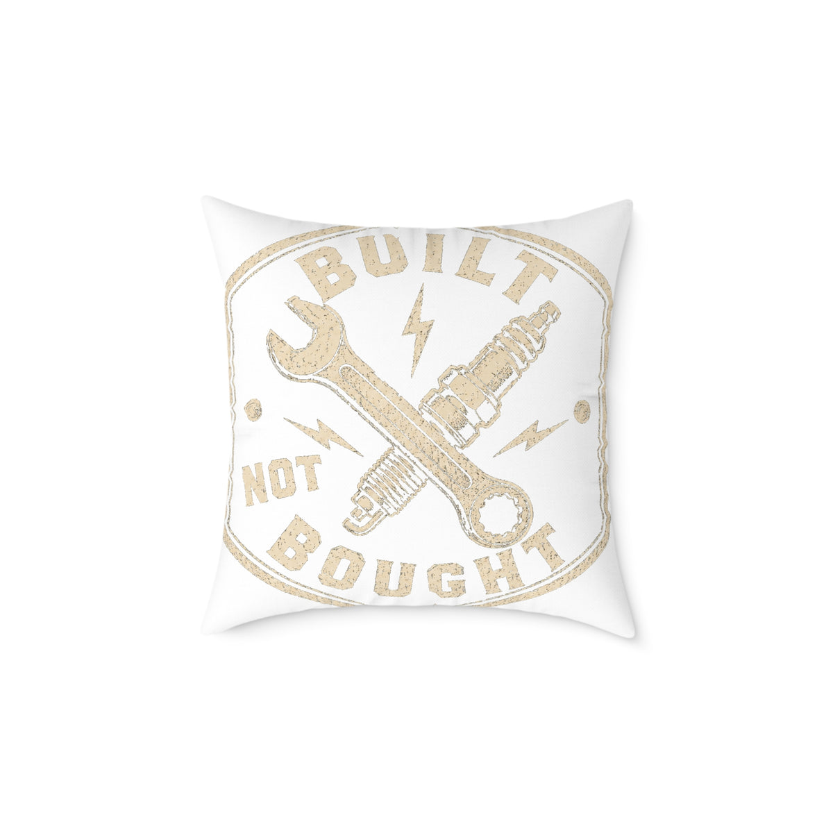 Built Not Bought Square Pillow Milo Bailey Dog Dad Mom— Mechanic Wrench & Spark Plug Decor