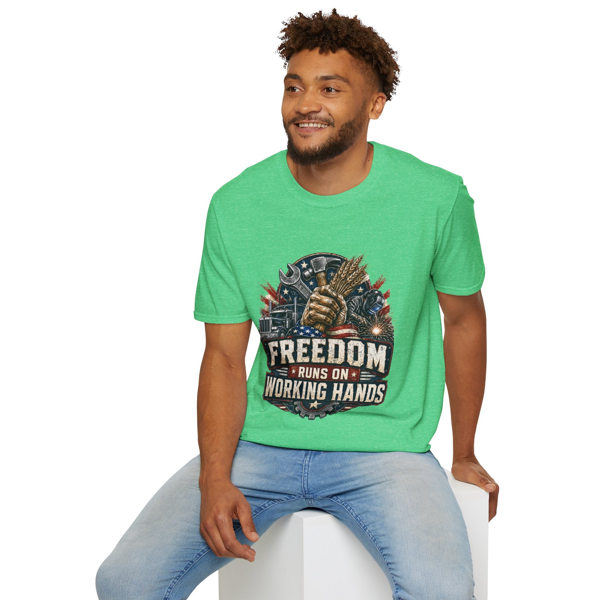 Freedom Runs on Working Hands T-Shirt — Patriotic Mechanic Tool & Wheat Design