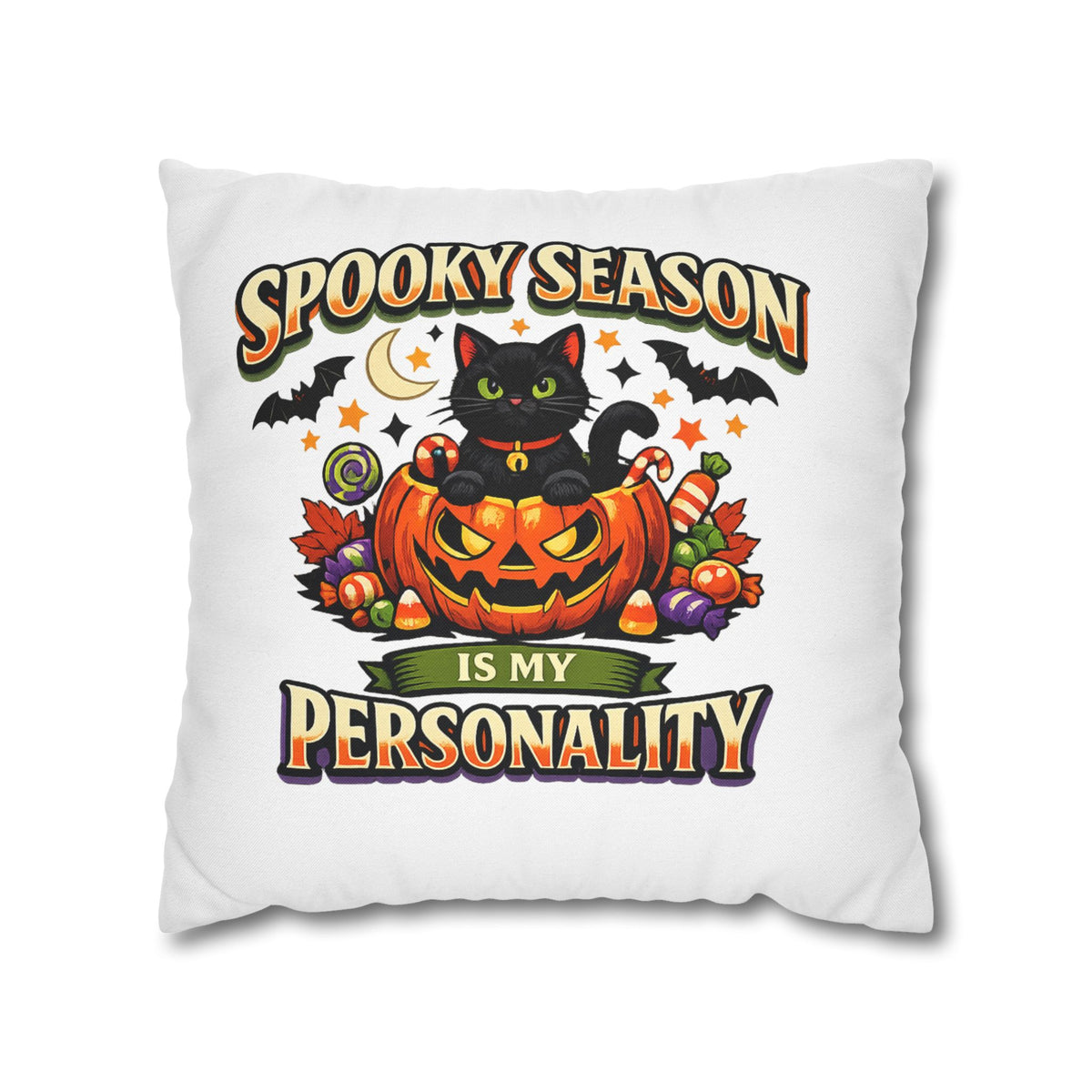 Halloween Pillowcase — "Spooky Season Is My Personality" Black Cat Pumpkin Decorative Pillow