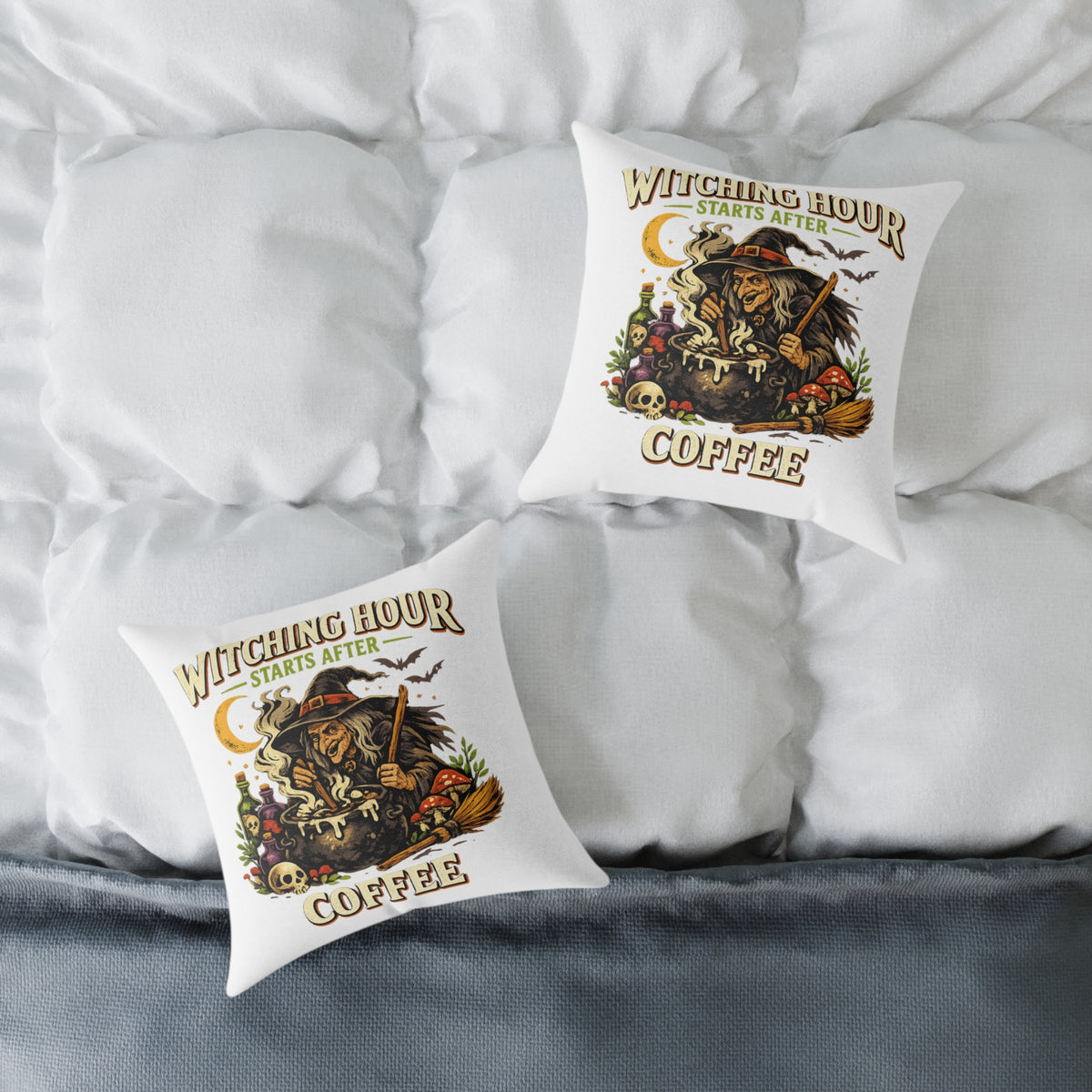 Halloween Witch Coffee Pillow — "Witching Hour Starts After Coffee" Square Throw Pillow
