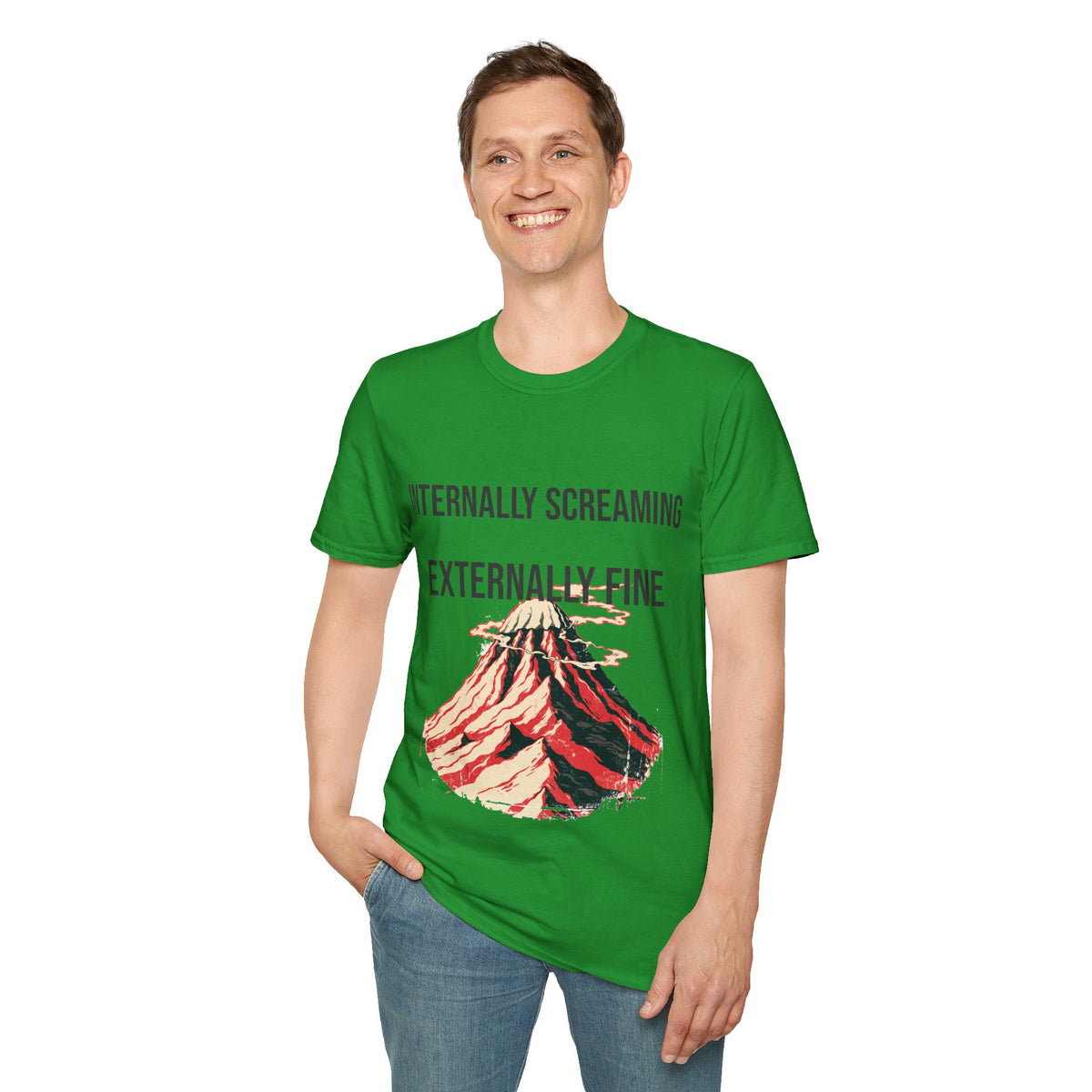 "Internally Screaming Externally Fine" Melting Volcano Tee - Funny Relatable Aesthetic White T-Shirt - Trending Now - September 2026