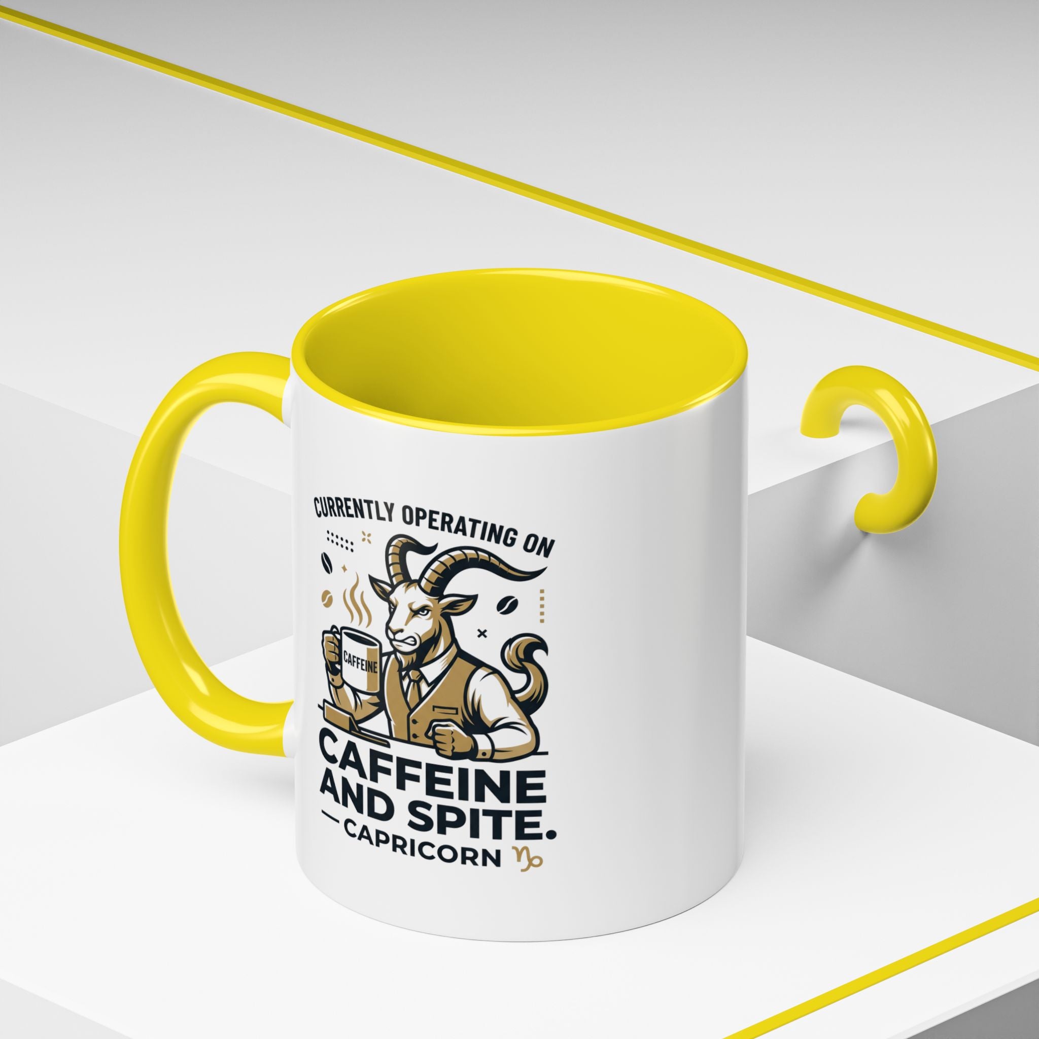 Capricorn Coffee Mug — “Currently Operating on Caffeine and Spite” Accent Mug (11/15oz)