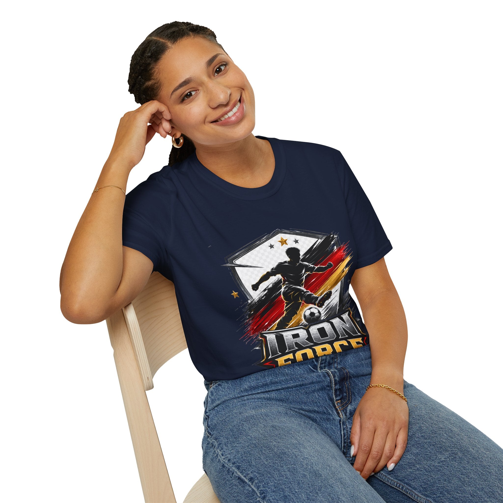 Germany Soccer 'Iron Force' Graphic T-Shirt — Player Silhouette with Red & Gold Brushstroke Emblem