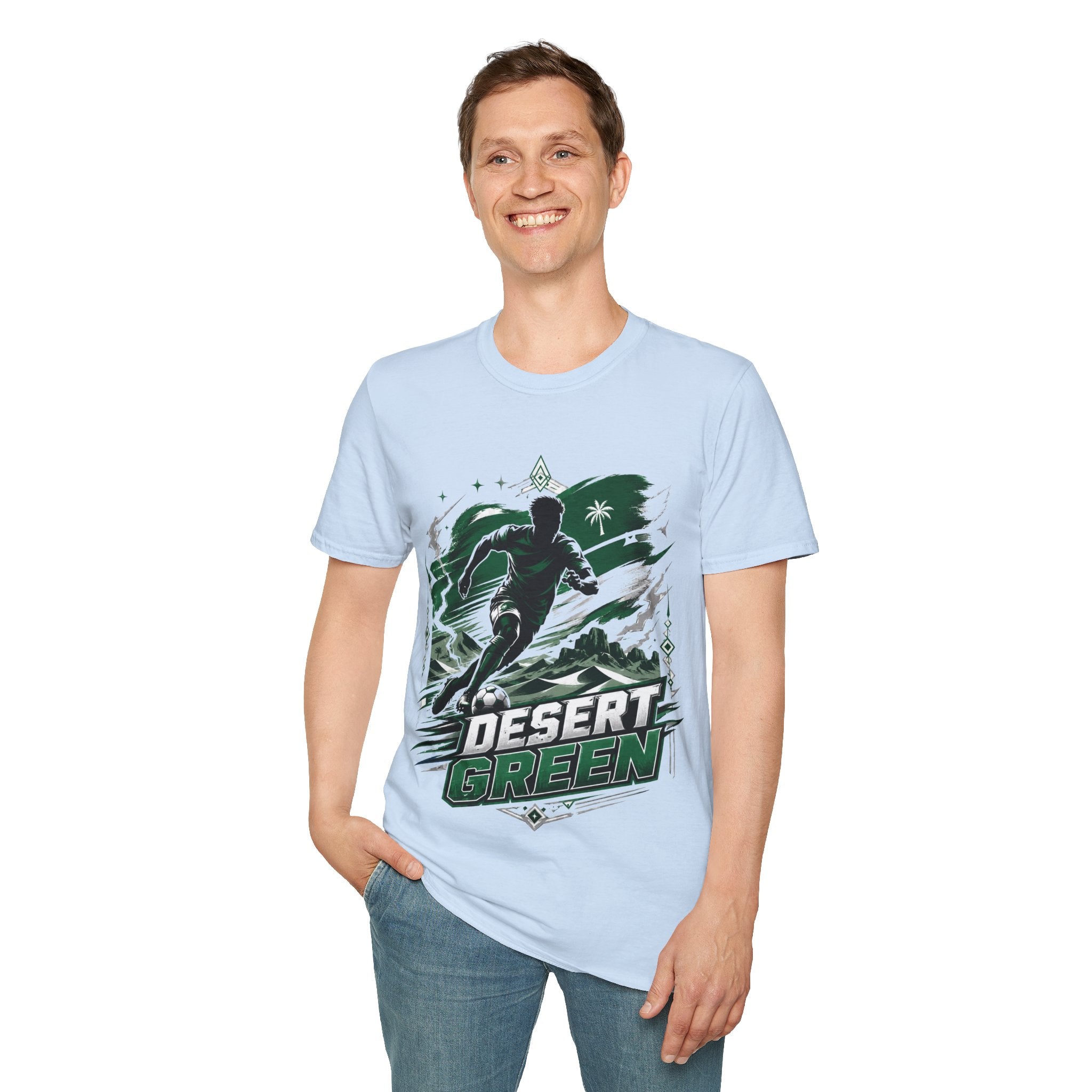 Saudi Arabia Desert Green Soccer T-Shirt — Silhouette Player Graphic
