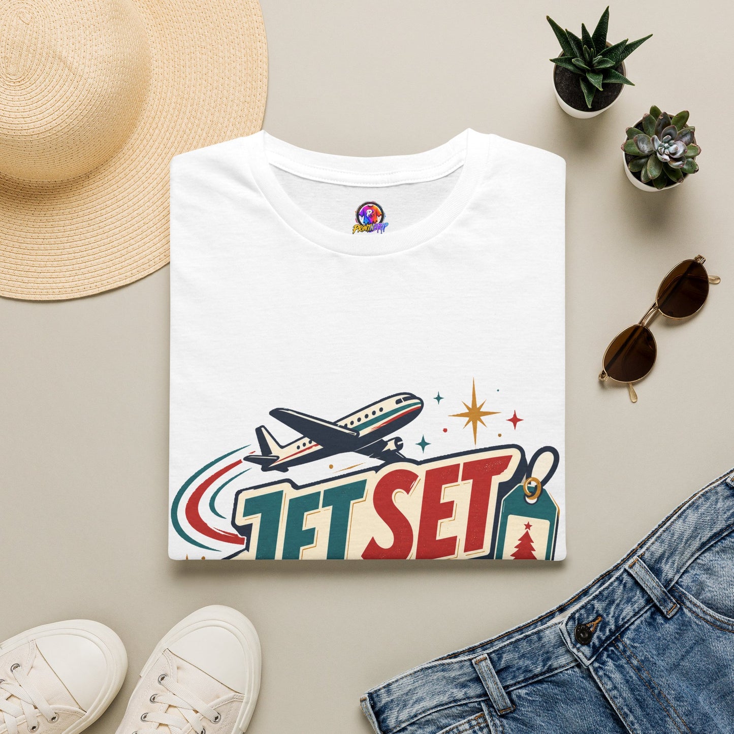 Jet Set Jingle Travel T-Shirt — Retro Airplane Vacation Graphic