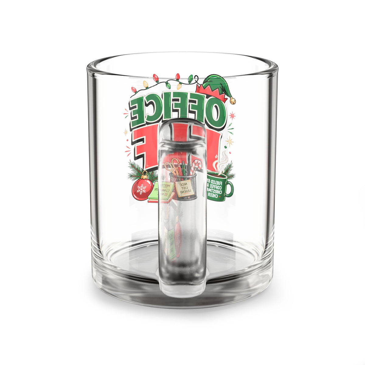 Christmas Glass Mug 10 oz Office Elf Glass Mug – 10oz Holiday Coffee Cup