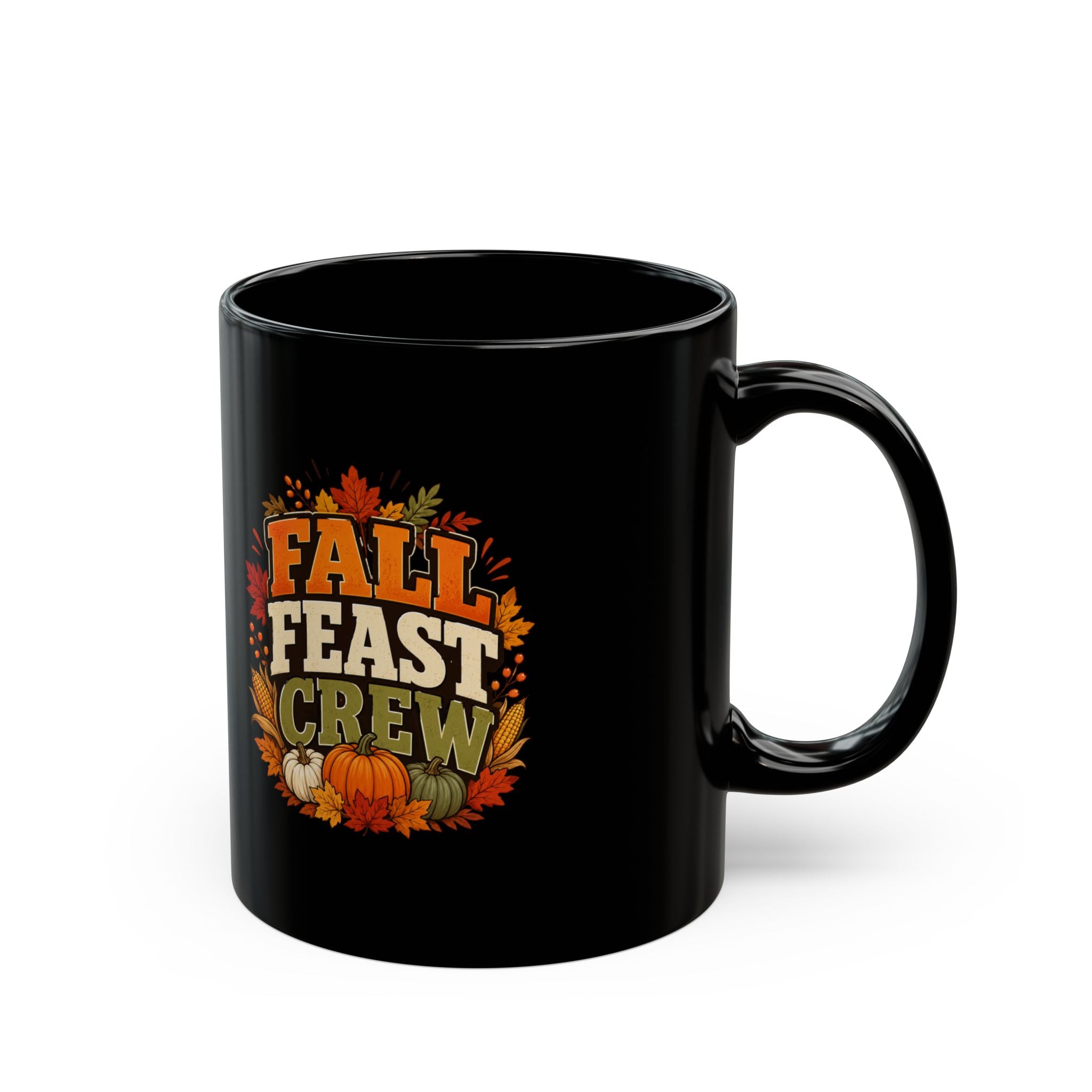 Thanksgiving Black Mug Fall Feast Crew Mug — Thanksgiving Pumpkin Autumn Leaves Coffee Cup