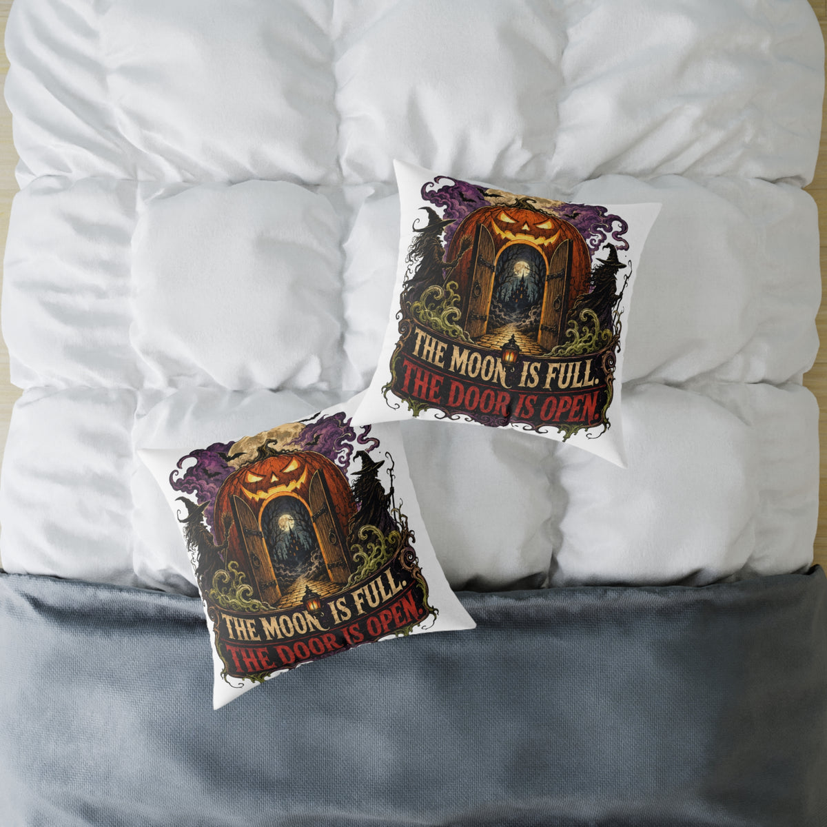 Halloween Pumpkin Door Pillow — "The Moon Is Full, The Door Is Open" Decorative Throw Pillow