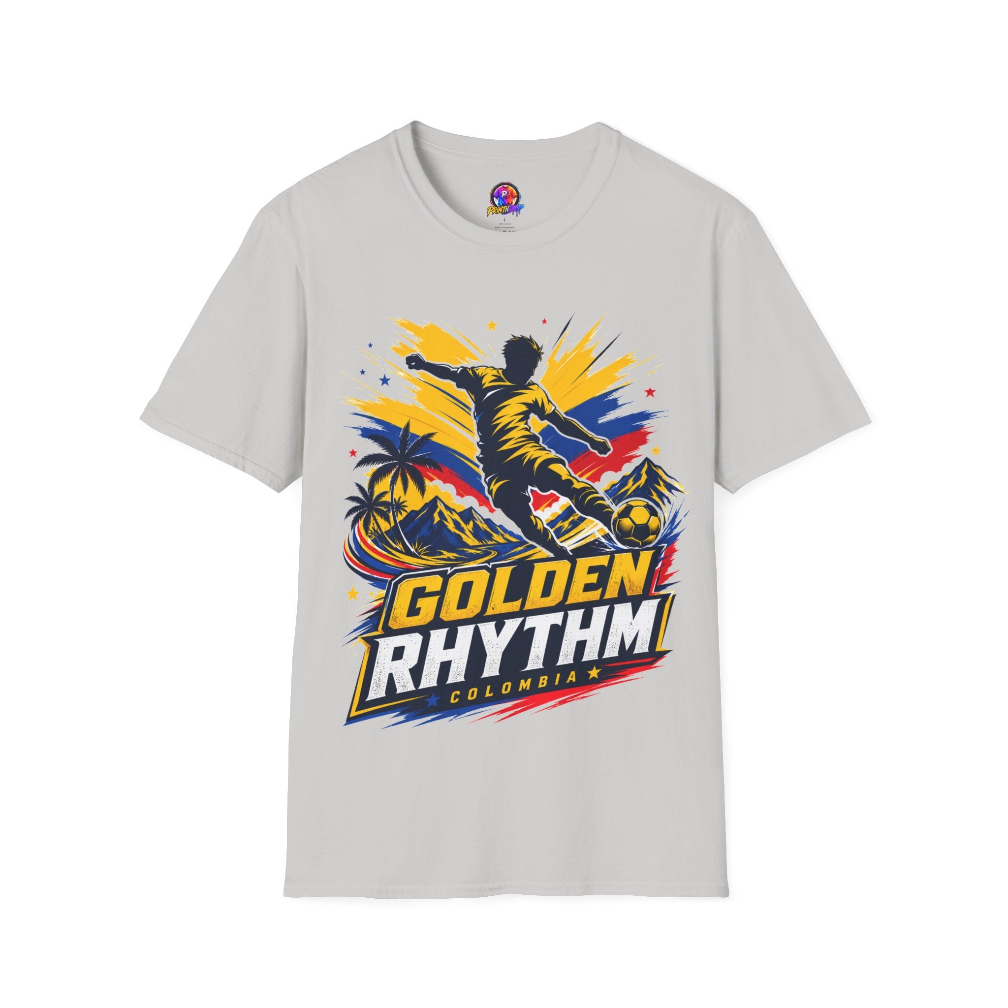 Columbia Soccer Player Graphic T-Shirt — "Golden Rhythm" Vibrant Beach Soccer Tee