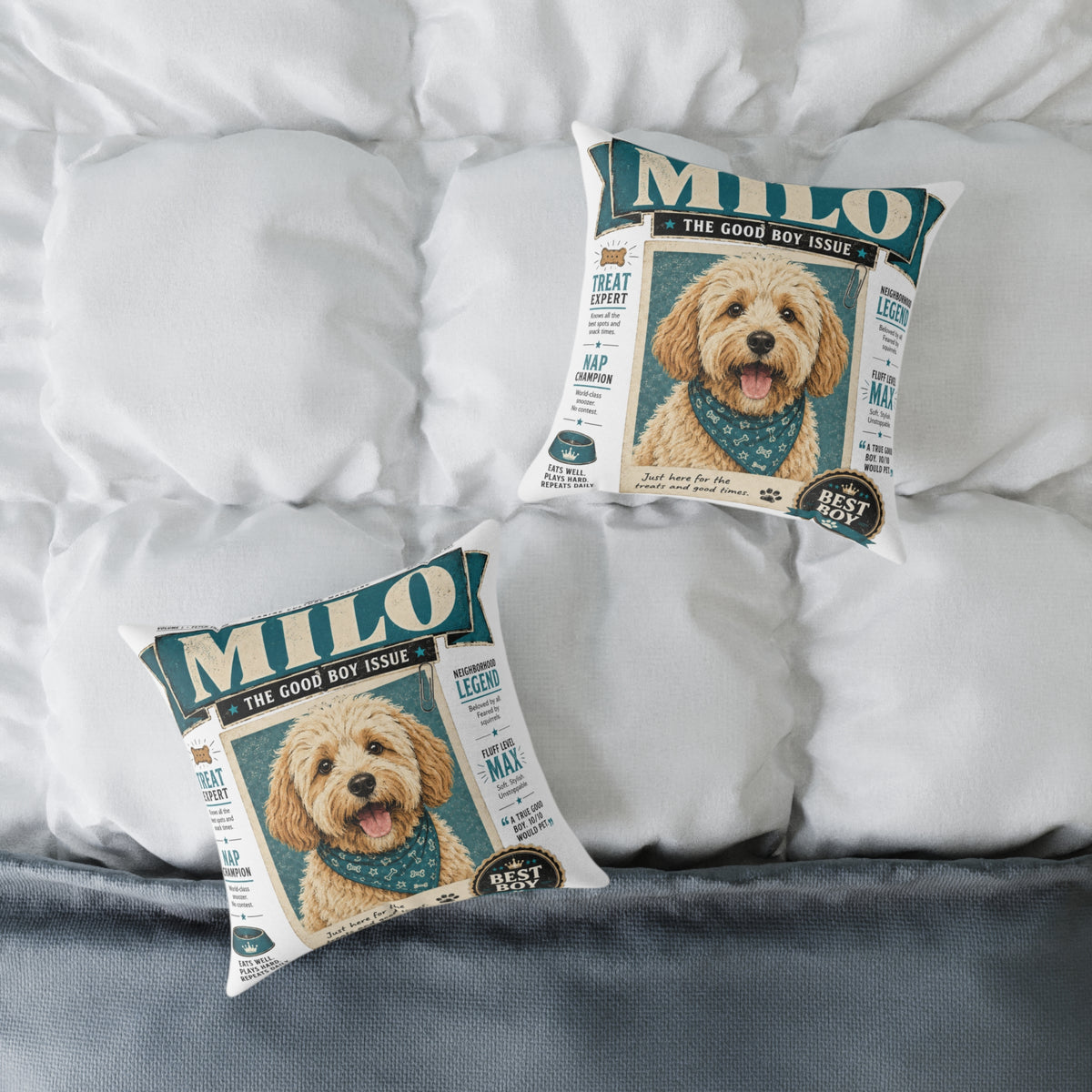 Personalized Dog Magazine Cover Pillow  Milo Bailey Dog Dad Mom — 'MILO' Square Poly Canvas Throw Pillow