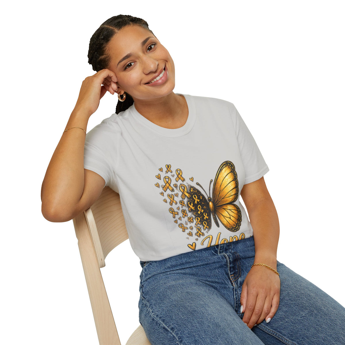 Hope Lives Here Gold Ribbon Butterfly Childhood Cancer Awareness T-Shirt