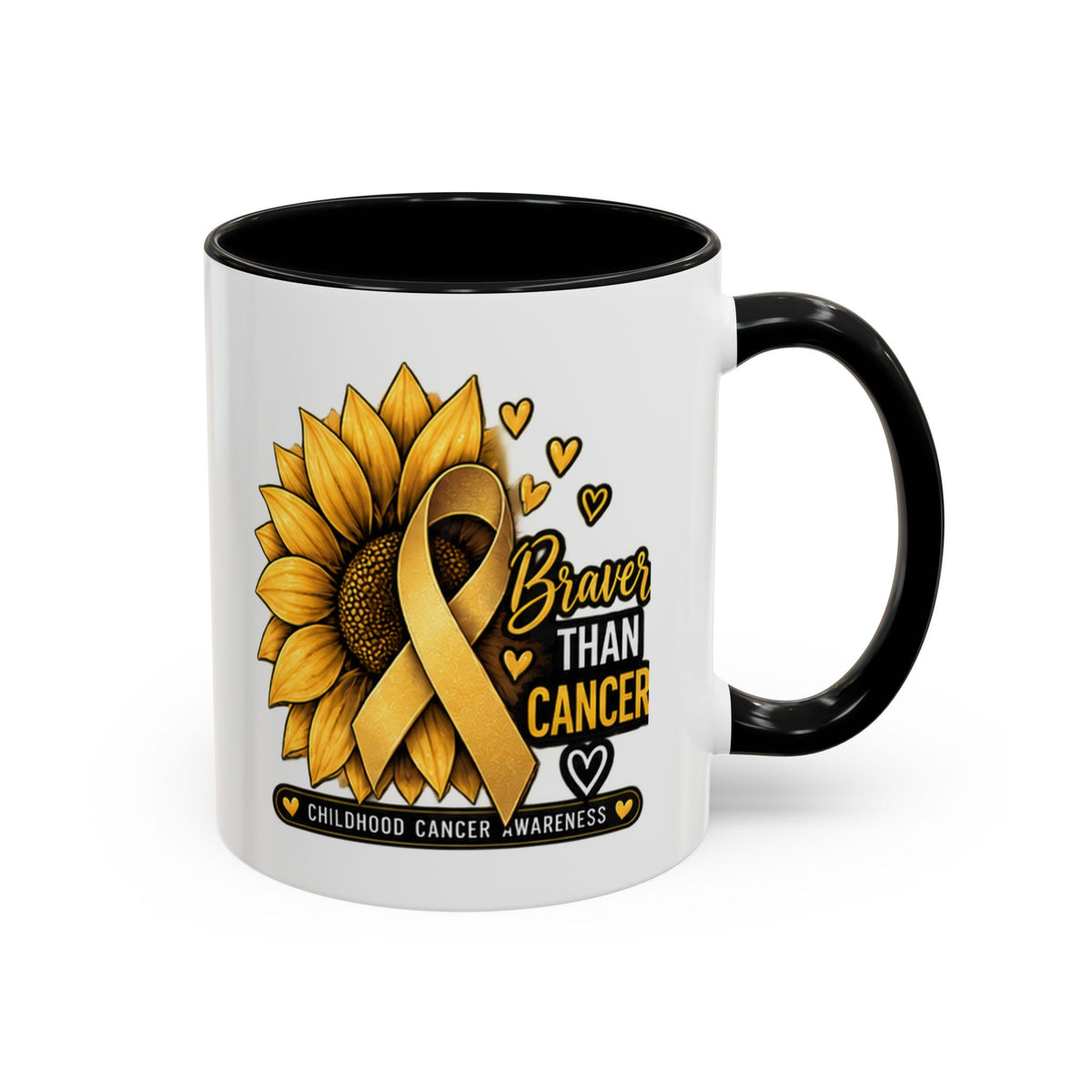 Childhood Cancer Awareness Mug — "Braver Than Cancer" Sunflower & Gold Ribbon