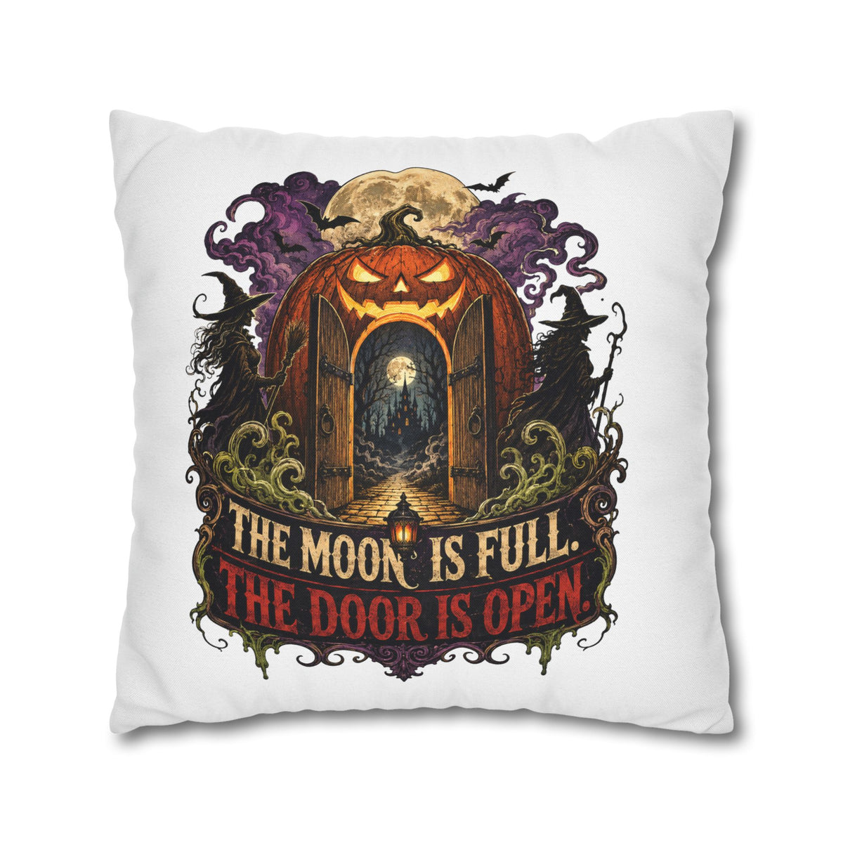 Halloween Pumpkin Door Pillowcase - "The Moon Is Full, The Door Is Open" Spun Polyester Throw Pillow