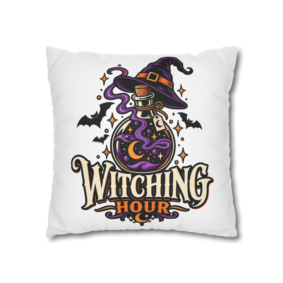 Witching Hour Square Pillowcase – Halloween Potion Witch Hat Throw Pillow Cover