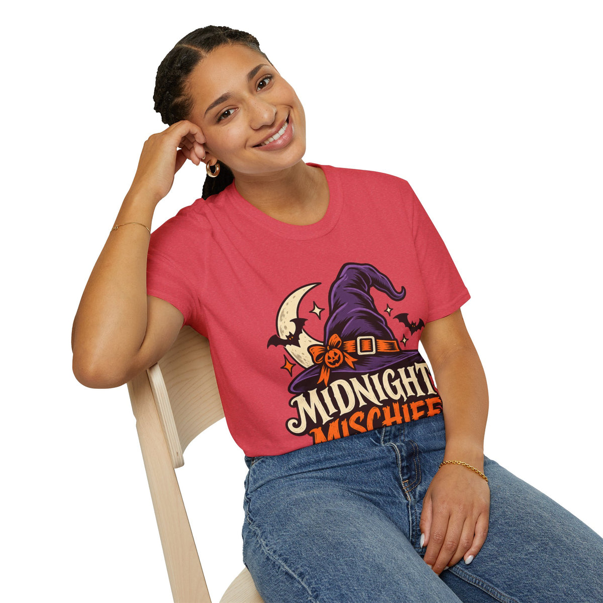 Midnight Mischief Halloween T-Shirt — Witch Hat & Bats Graphic