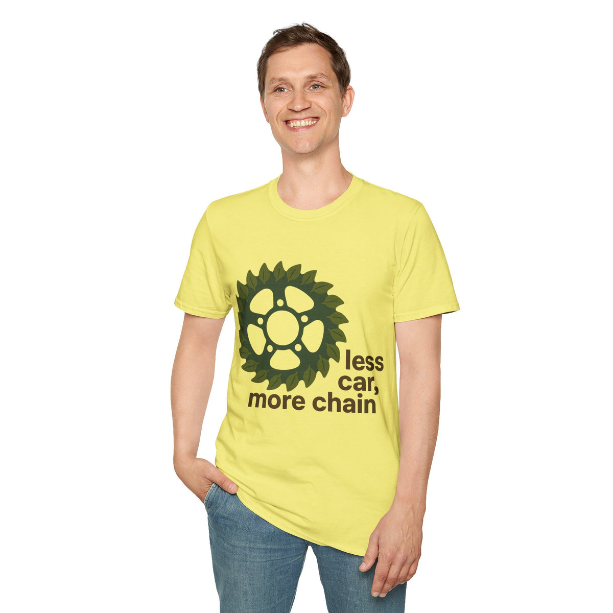 "Less Car, More Chain" Bicycle Sprocket Graphic Tee - Urbanist Cycling Advocacy White T-Shirt - Trending Now - September 2026