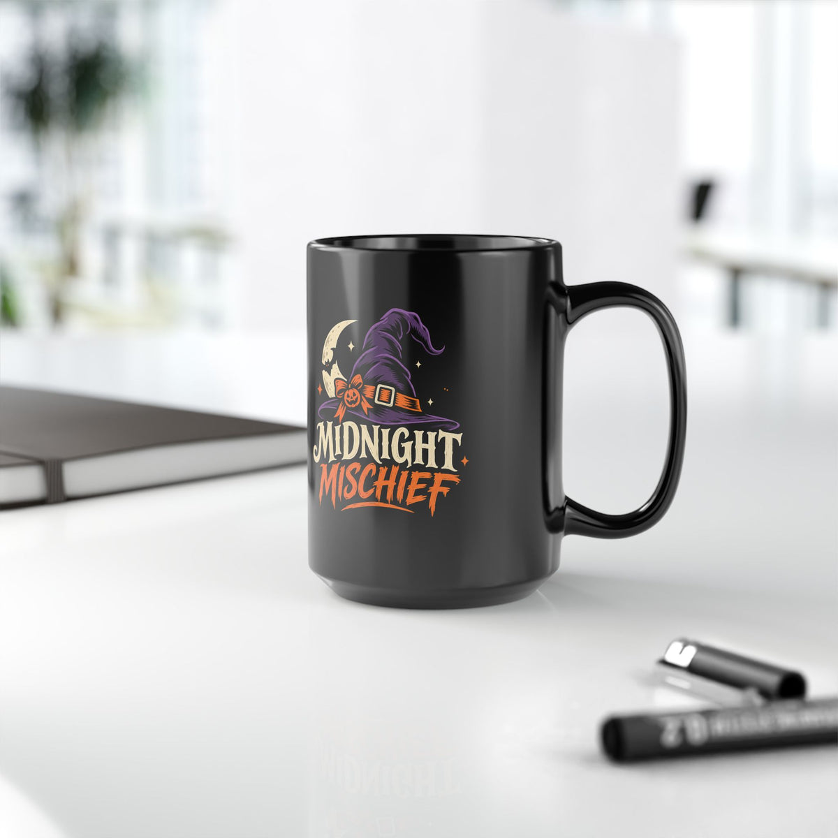 Midnight Mischief Halloween Mug — Witch Hat Moon Design (11oz/15oz Black)