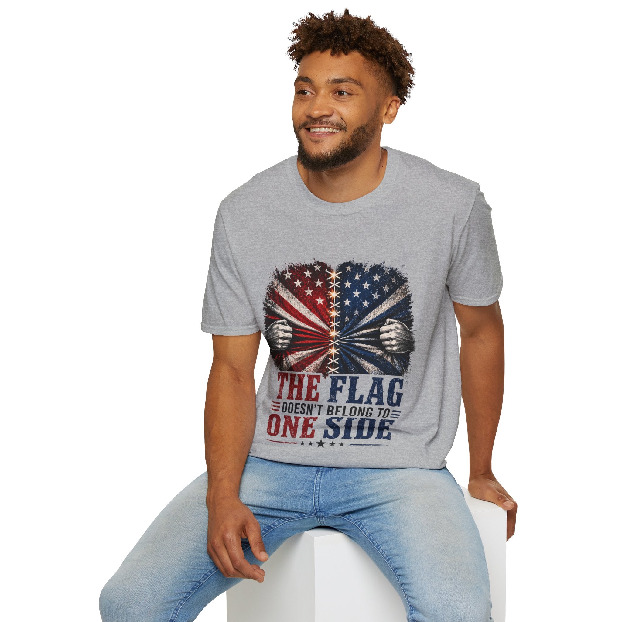 T-Shirt — "The Flag Doesn't Belong to One Side" Distressed American Flag Graphic