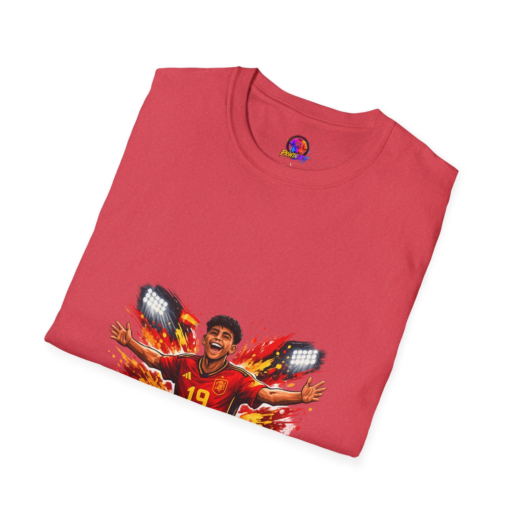 Spain Soccer Fan Portrait T‑Shirt – Fiery Goal Celebration Design
