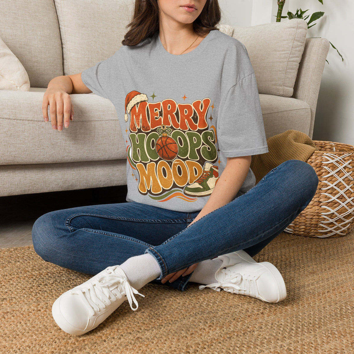 Merry Hoops Mood T-Shirt — Retro Holiday Basketball Christmas Tee