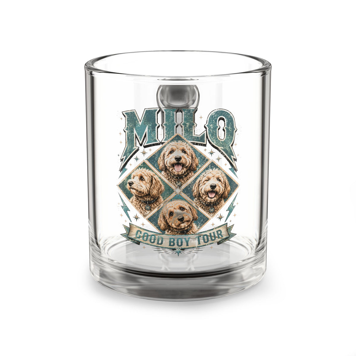 Personalized Dog Glass Mug — "Milo" Good Boy Four Photo Coffee Cup Milo Bailey Dog Dad Mom  Glass Mug 10 oz