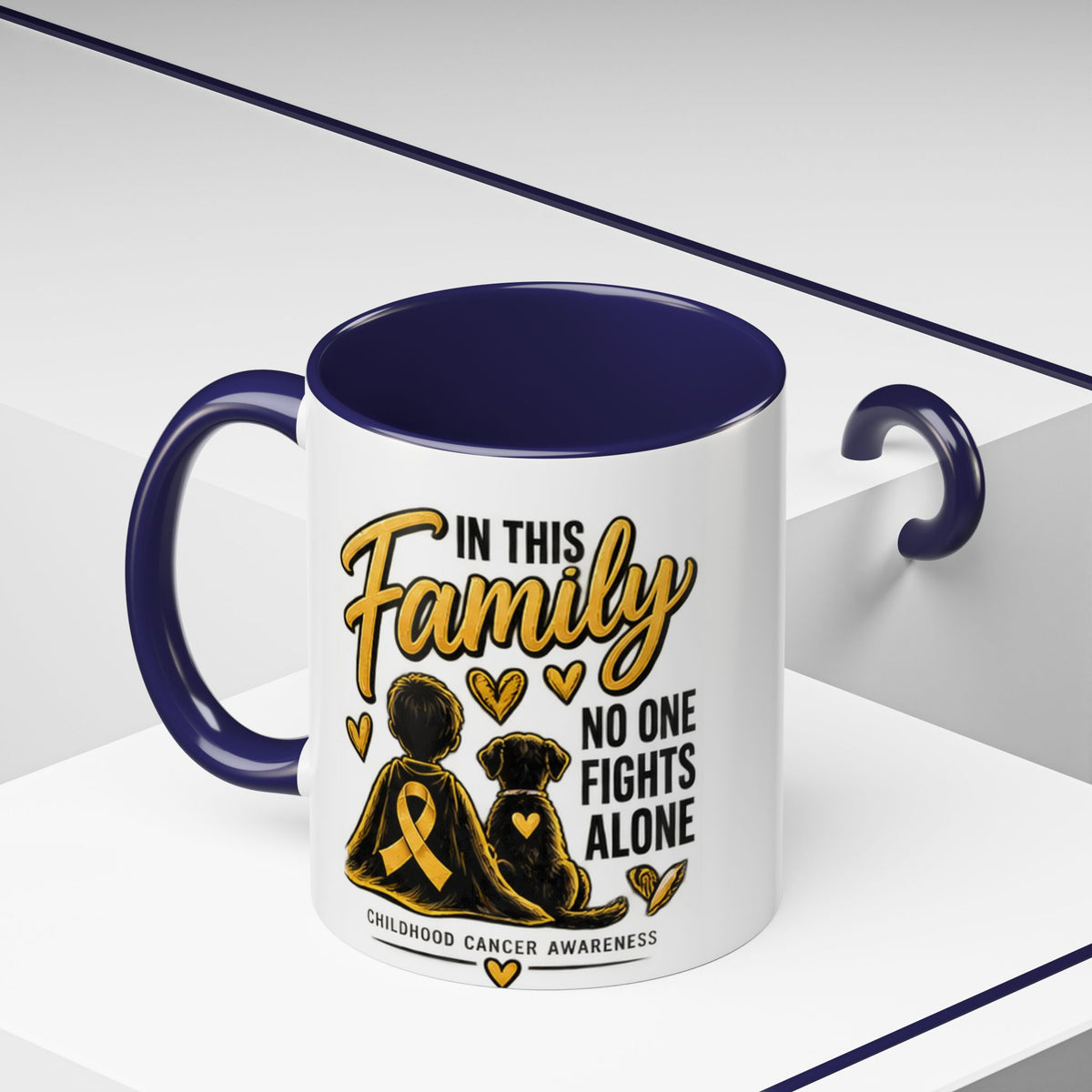 Childhood Cancer Awareness Accent Coffee Mug – "In This Family No One Fights Alone" (11/15oz)