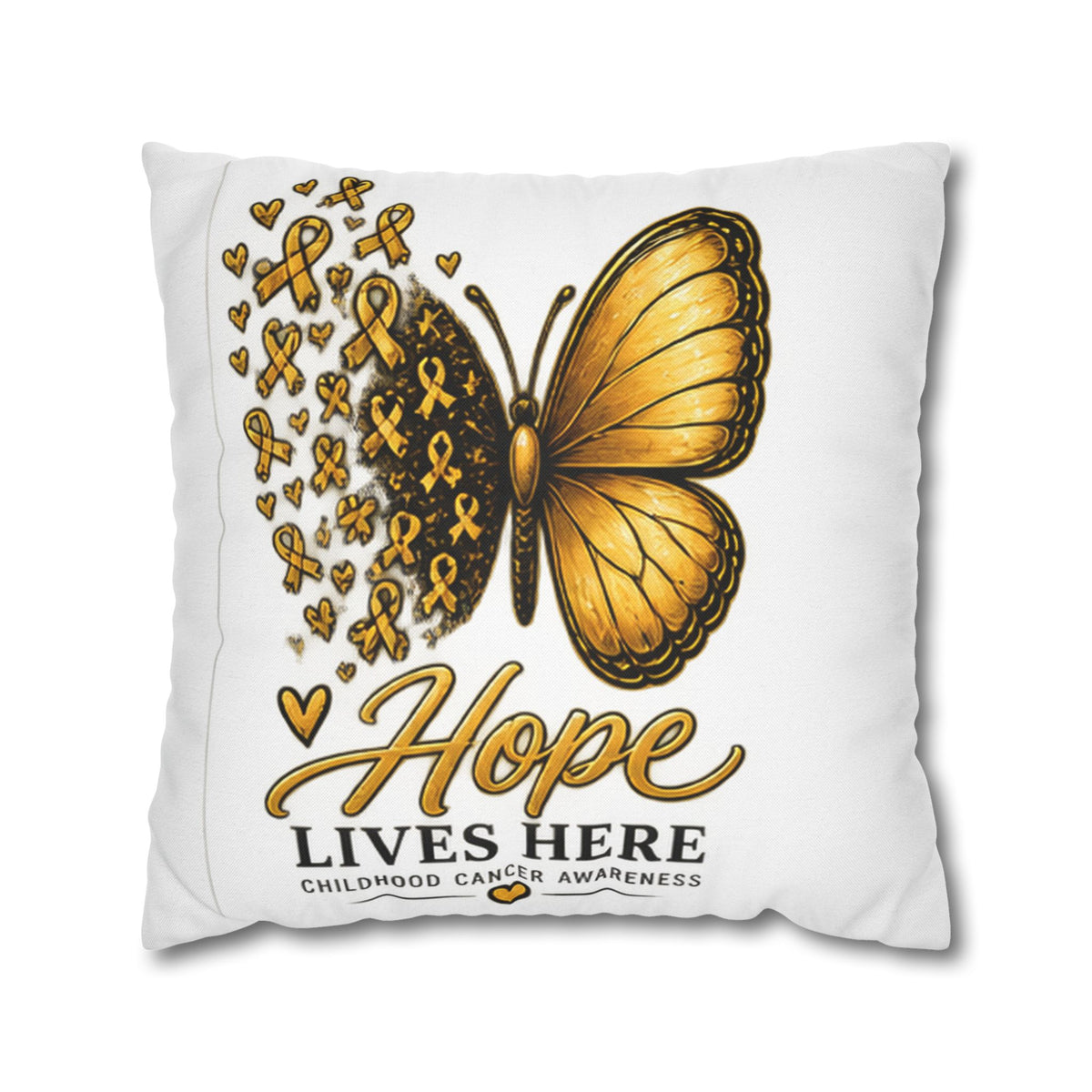 Childhood Cancer Awareness Pillow – "Hope Lives Here" Gold Ribbon Butterfly Square Pillowcase