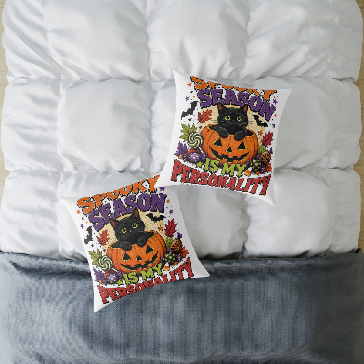 Halloween Pillow — "Season Is My Personality" Black Cat Pumpkin Decorative Throw Pillow