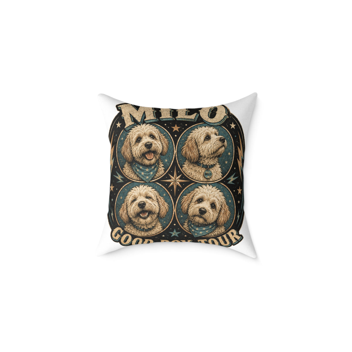 Personalized Dog Pillow  Milo Bailey Dog Dad Mom— 'Milo' Retro Pet Portrait Cushion (Good Boy Tour Design)