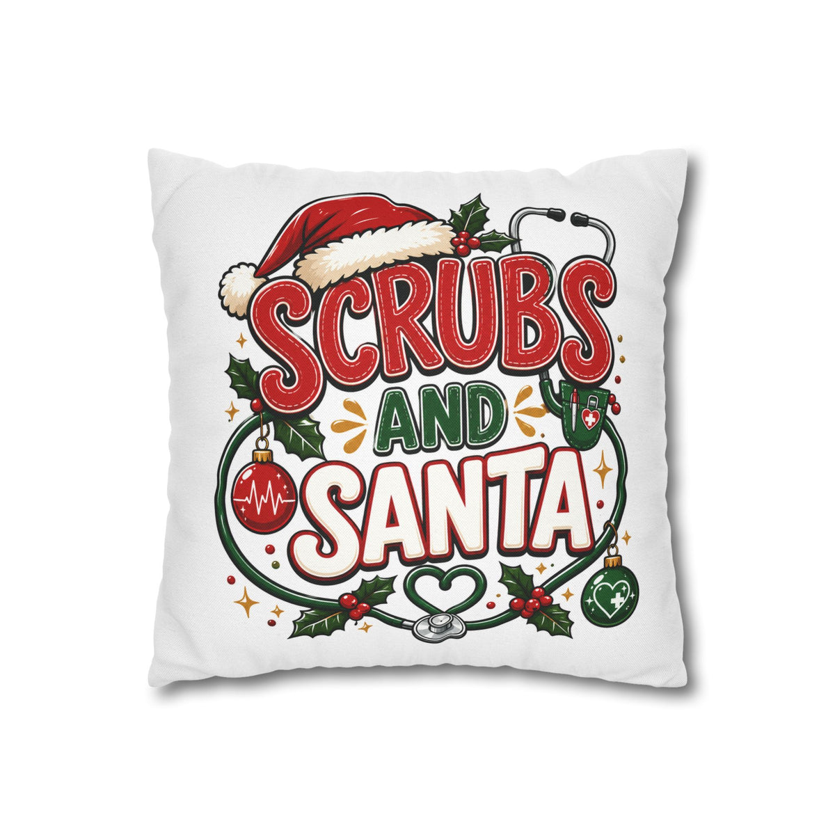 Christmas Scrubs and Santa Holiday Pillowcase – Christmas Nurse Decorative Throw Pillow Cover