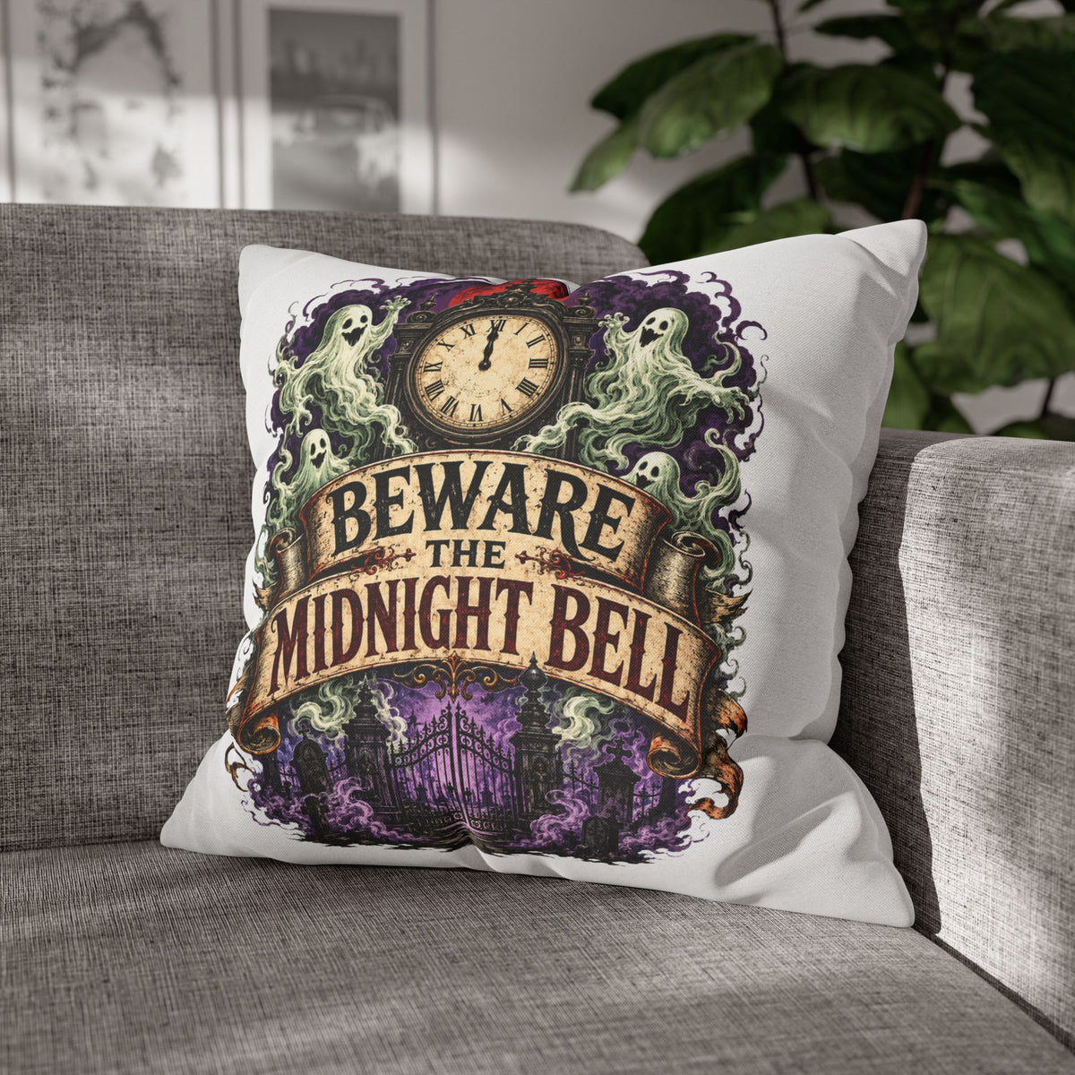 Halloween Beware the Midnight Bell Pillowcase — Haunted Clock & Ghosts Decorative Throw Pillow