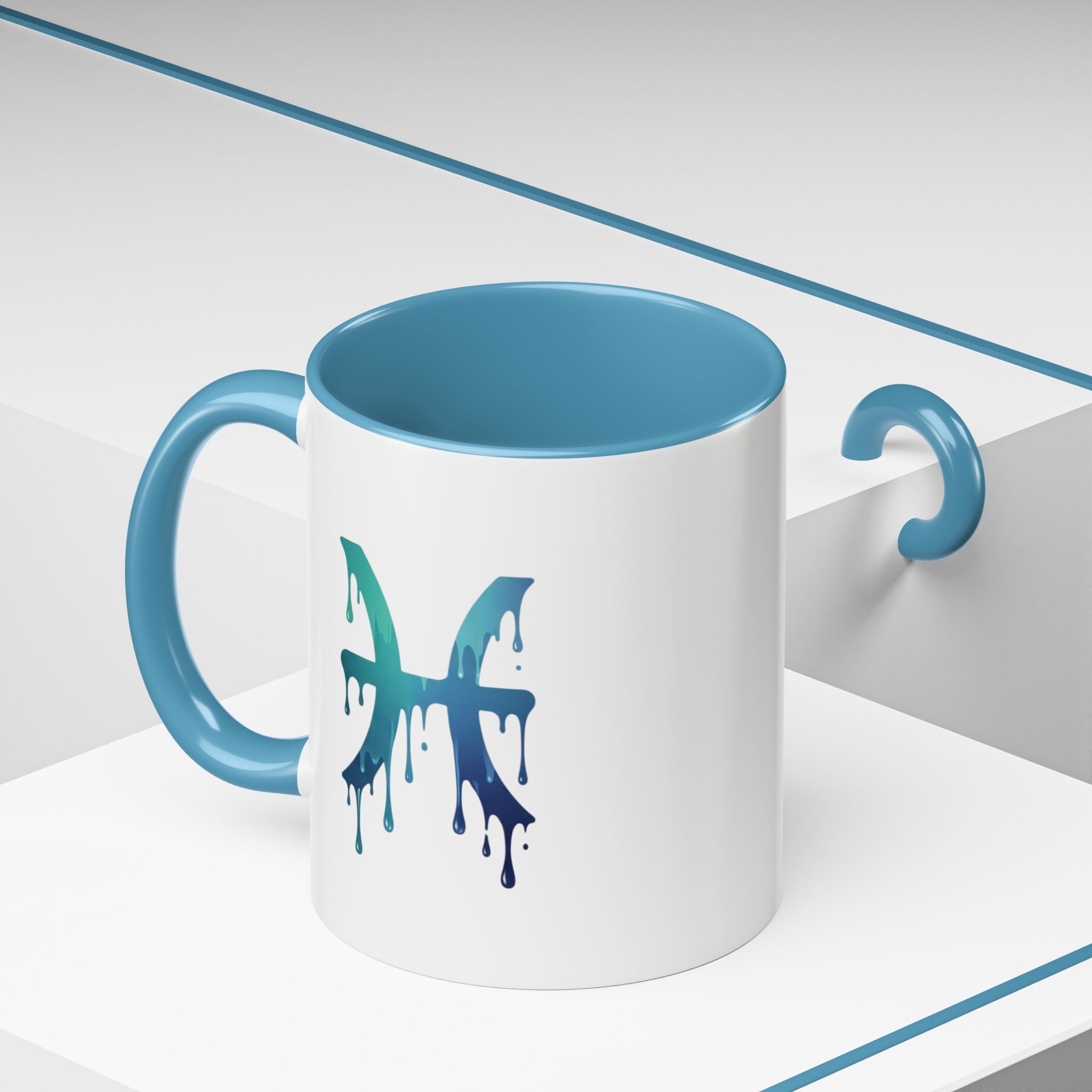 Pisces Zodiac Accent Coffee Mug — Dripping Teal Blue Astrology Gift