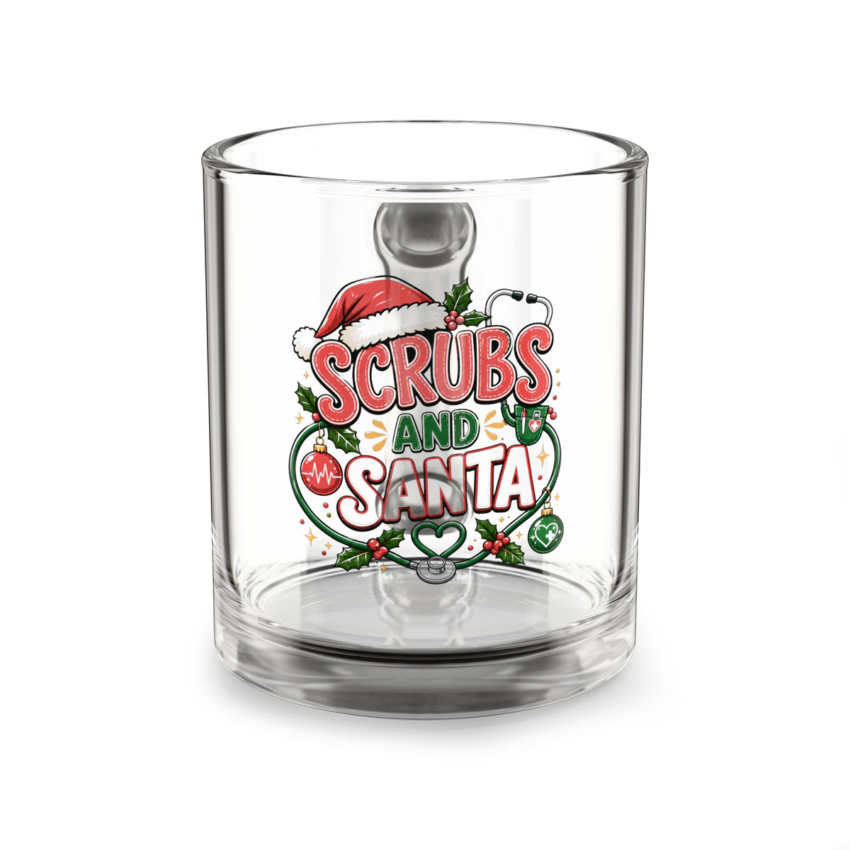 Christmas Glass Mug 10 oz Glass Mug — "Scrubs and Santa" Christmas Nurse Coffee Cup (10 oz)