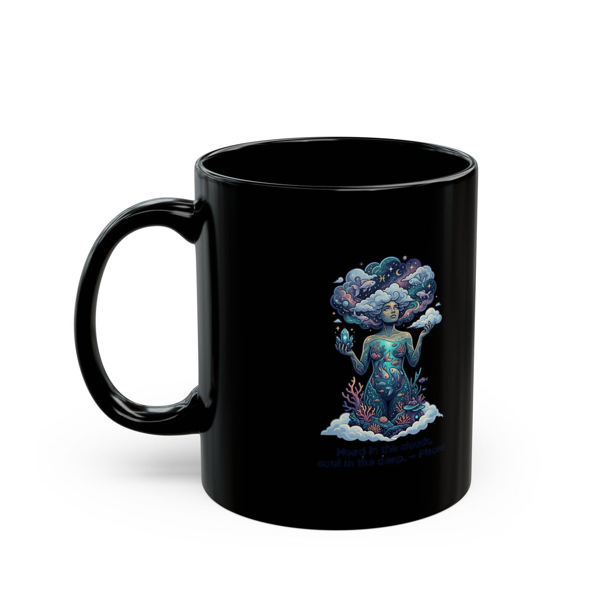 Pisces Zodiac Cosmic Goddess Black Mug — Mystical Night Sky Art Coffee Cup