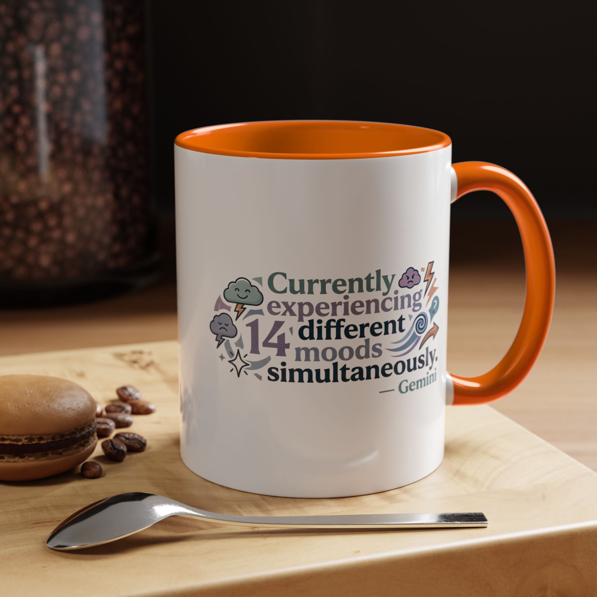 Gemini Mood Coffee Mug — "Currently Experiencing 14 Different Moods" Accent Ceramic Mug