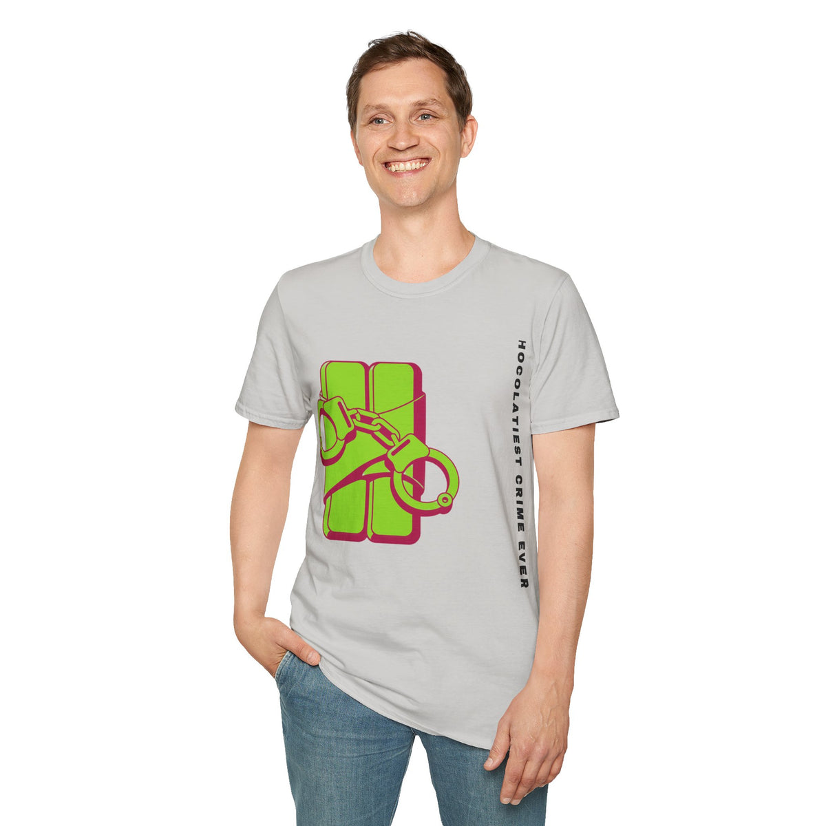Chocolateie Graphic T‑Shirt — Green Candy Bar with Handcuffs Design - Trending Now - September 2026