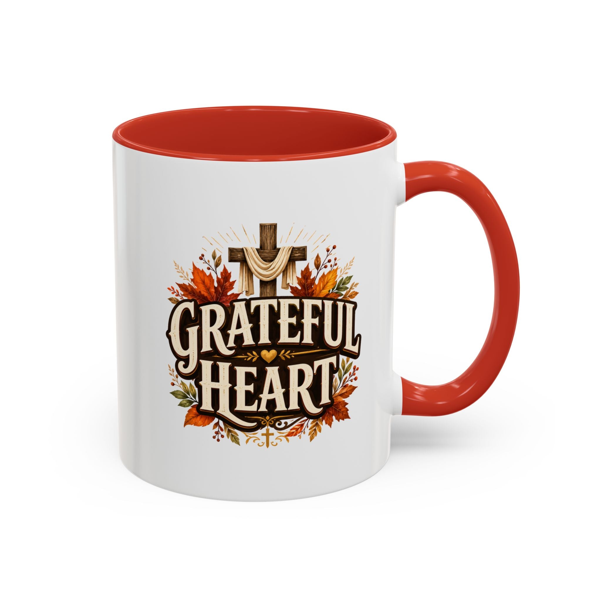 Thanksgiving Mug Grateful Heart Accent Coffee Mug – Autumn Leaves & Cross Spiritual Thanksgiving Gift
