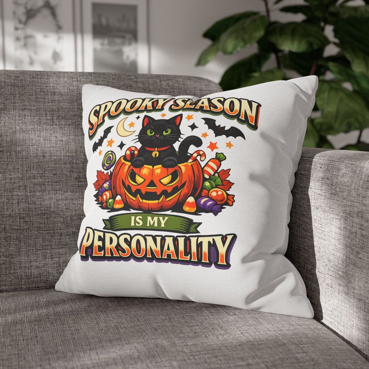 Halloween Pillowcase — "Spooky Season Is My Personality" Black Cat Pumpkin Decorative Pillow