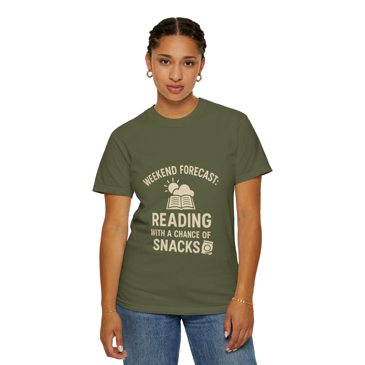 Reading & Snacks T-Shirt — "Weekend Forecast: Reading with a Chance of Snacks" - Trending Now - October 2026