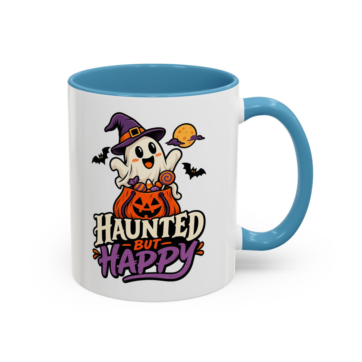Haunted But Happy Coffee Mug — Halloween Ghost Pumpkin Accent Mug (11/15oz)
