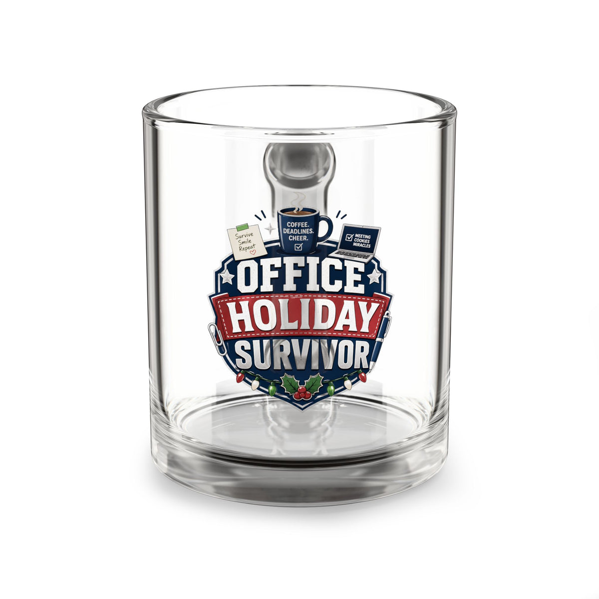 Modern Day Christmas Glass Mug  10ozGlass Mug — "Office Holiday Survivor" Festive Coffee Mug for Coworkers & Secret Santa