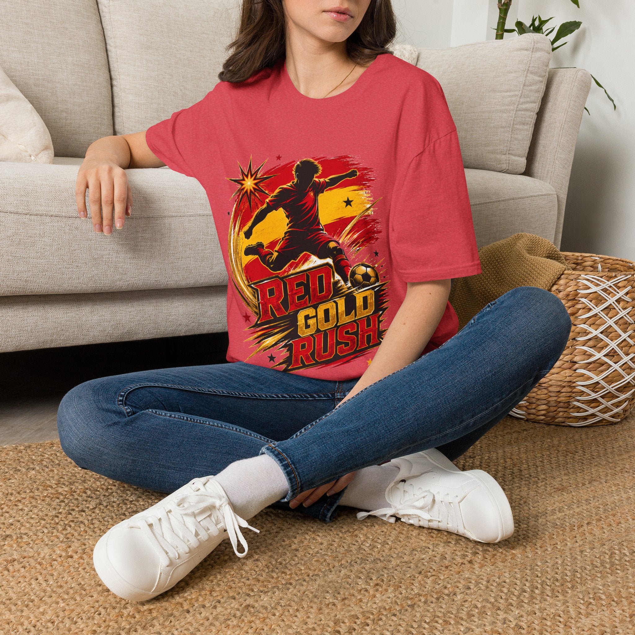 Spain Red & Gold Rush Soccer T-Shirt — Retro Soccer Player Graphic